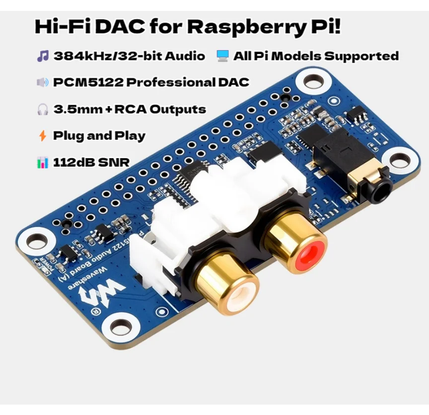 بطاقة صوت Raspberry Pi PCM5122 HIFI I2S DAC - صوت ستيريو عالي الدقة 384 كيلو هرتز/32 بت مع مخرجات 3.5 ملم ومخرجات RCA، توصيل وتشغيل لـ Pi