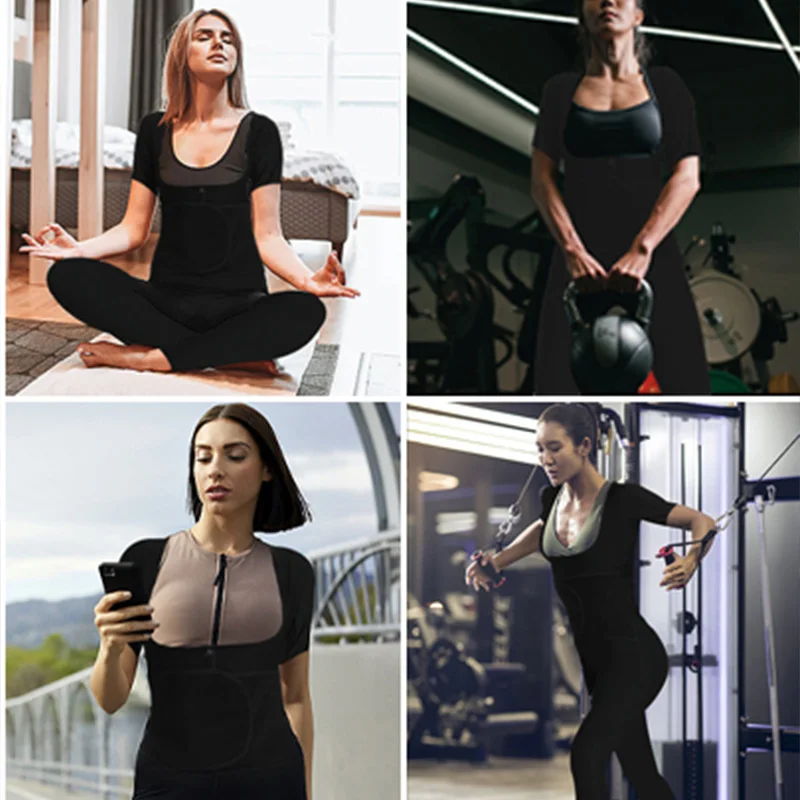 المرأة 4 في 1 ساونا بذلات رياضية سراويل قصيرة الأكمام للكبار الدهون تجريب فقدان الوزن كامل الجسم التخسيس المشكل مدرب خصر