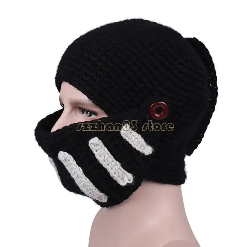 367C Unisexฤดูใบไม้ร่วงโครเชต์ถักโรมันอัศวินหมวกกันน็อกBeanieหมวกสีBarbarian Earflap Skulliesหมวกแบบถอดได้