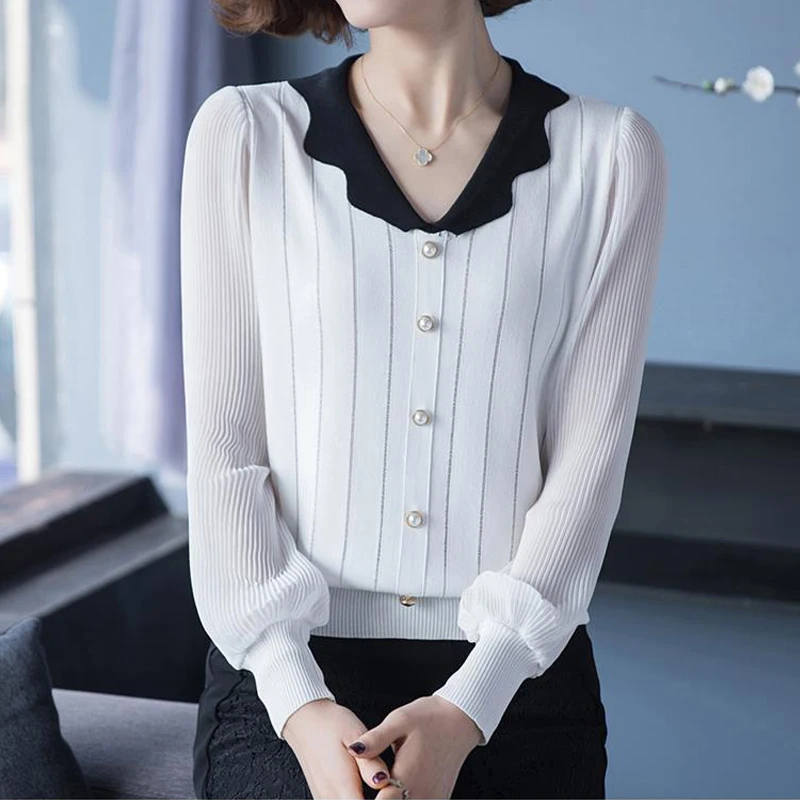 Women Clothing 2023 Autumn Korean Fashion Beaded Chic Elegant Knitwear Casual V Neck Long Sleeve Patchwork Pullover Knitted Tops
