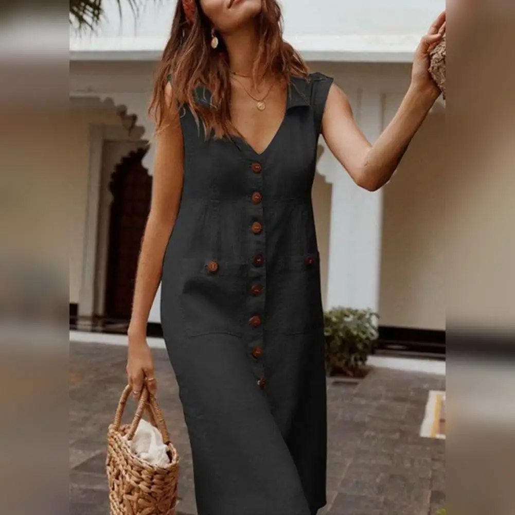 Summer Women Lapel V-neck Shirt Dress Sleeveless Single Breasted Pockets Women Button-up Sleeveless Midi Dress Streetwear 80%