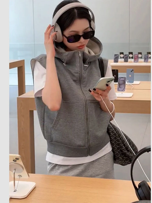Fashionable Sleeveless Vest Top High-End Women's Summer Design Versatile Outerwear Commute Style Hooded Zipper Closure  ...