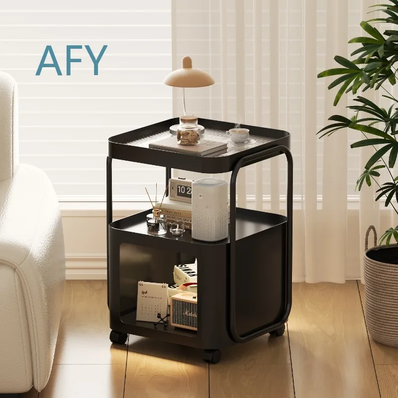 Creamy Bedside Table for Bedroom Living Room Mobile Nightstand Organizer Multi-Tiered Iron End Table Small Space Home Decor
