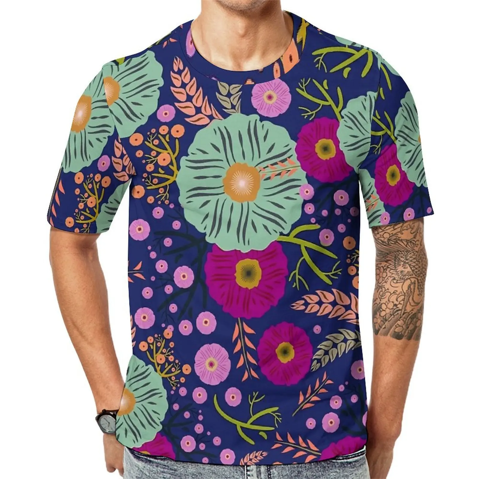 Oversize T-Shirt Summer Bouquet Floral T-Shirts Vintage Print Aesthetic Crew Neck Tshirt Men Vintage Graphic Clothes