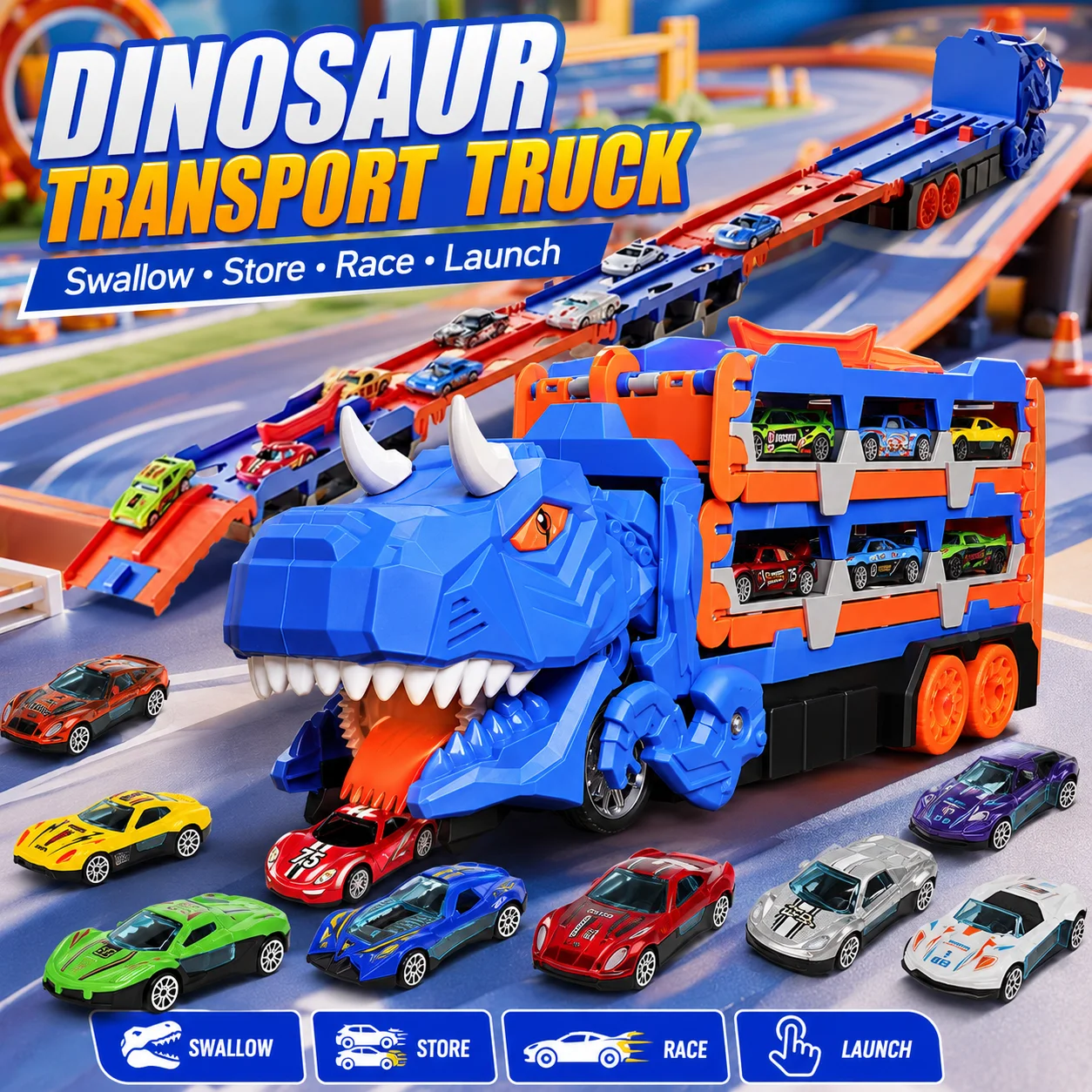 Dinosaur Truck Toy Set 150cm Car Carrier Track with 12 Mini Cars, Dinosaur Transport Vehicle Playset Racing Toy for Boys 3-6