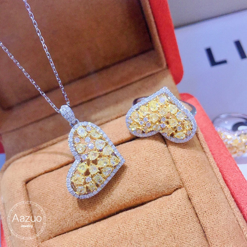 

Aazuo 100% Real 18K White Gold Real Yellow Diamonds Heart Shape Jewelry Set Necklace With Chain gifted for Women 18 Inch Au750