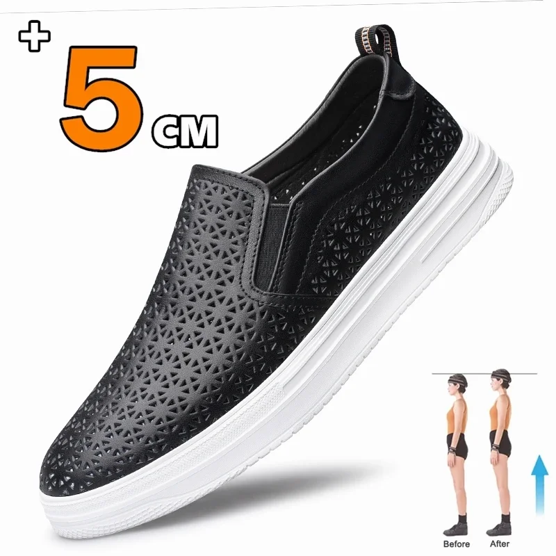 

5cm Spring Summer Comfortable Man Casual Elevator Shoes Men Loafers Soft Cow Leather Men Moccasins Height Increase Taller Shoes