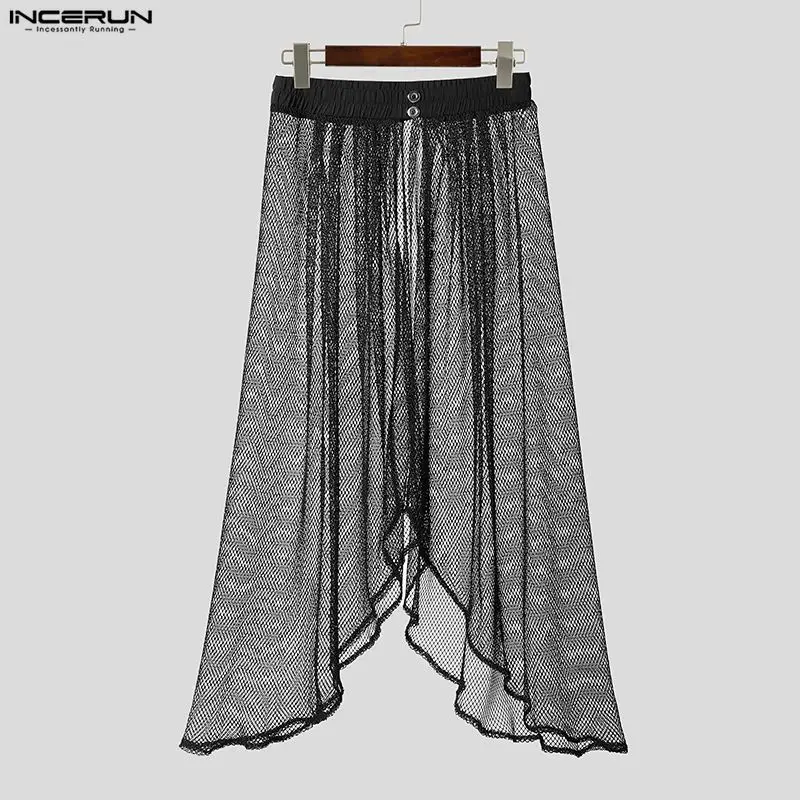 

Мужские юбки INCERUN: асимметричные, сетчатые, прозрачные, с эластичной талией, в уличном стиле, свободные, модные, повседневные
