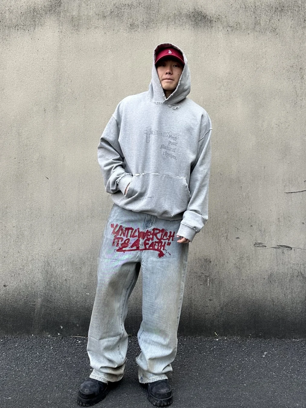 

Wook Far Archive Vibe American Trendy Brand Men's Couple Hoodie Faded Hole ey Casual Loose Fit Breathable Anti-Wrinkle Warmth