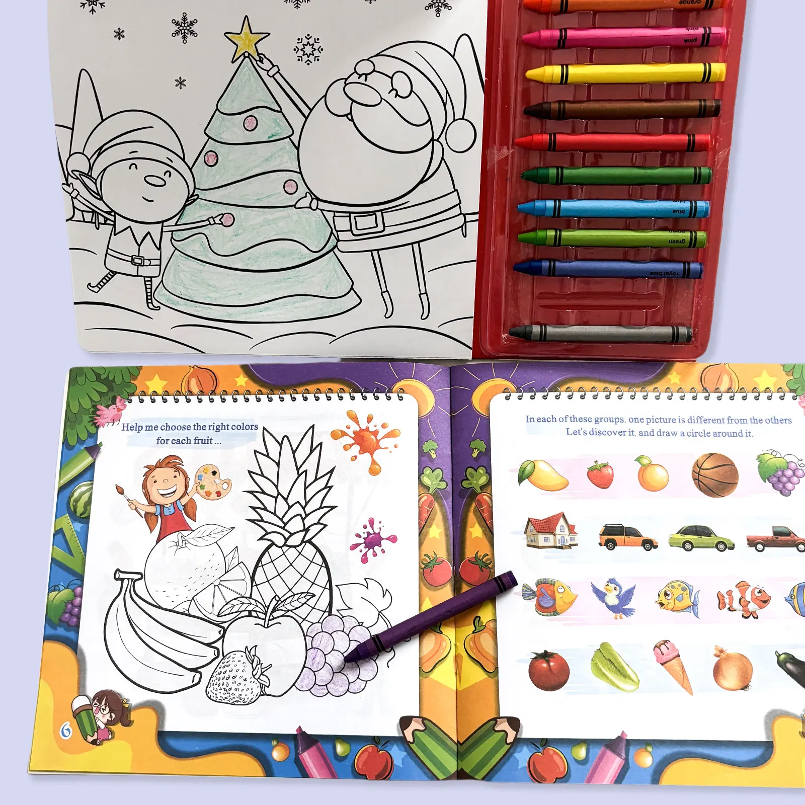 2-Piece Children's Coloring Book Set Ages 3-8 Christmas Collection with 12 Crayons Art Supplies Drawing Skills Enhancement