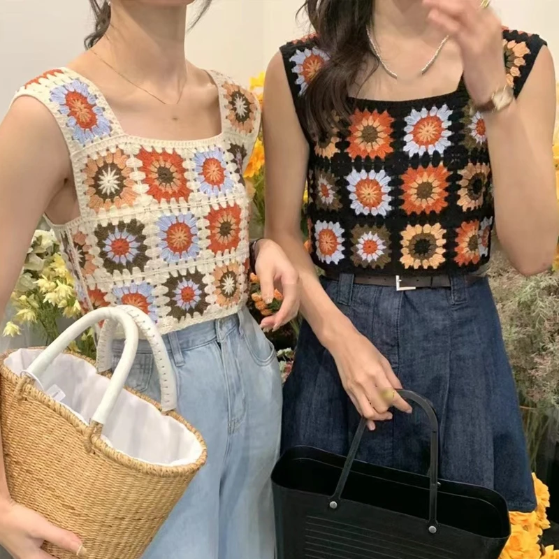 甘い綿ボヘミアトップス夏花刺繍ノースリーブクロップトップスカジュアルビーチかぎ針編みフレンチスタイル女性ガール