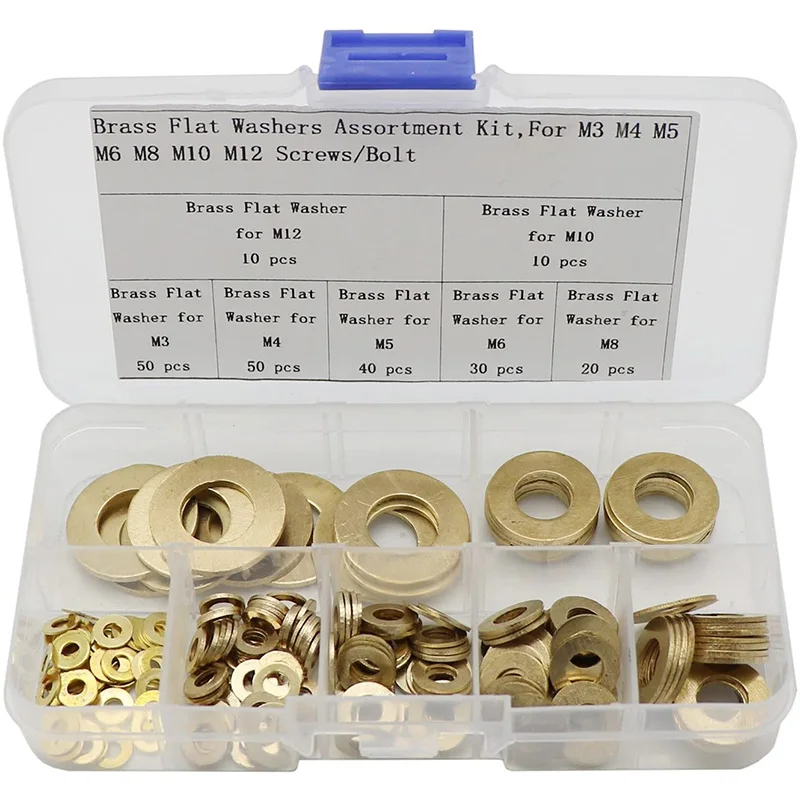 

ABYN-Brass Flat Washer Assortment Set,Copper Gasket Gasket Flat Ring Seal Assortment Kit(210 Pcs,M3-M12)