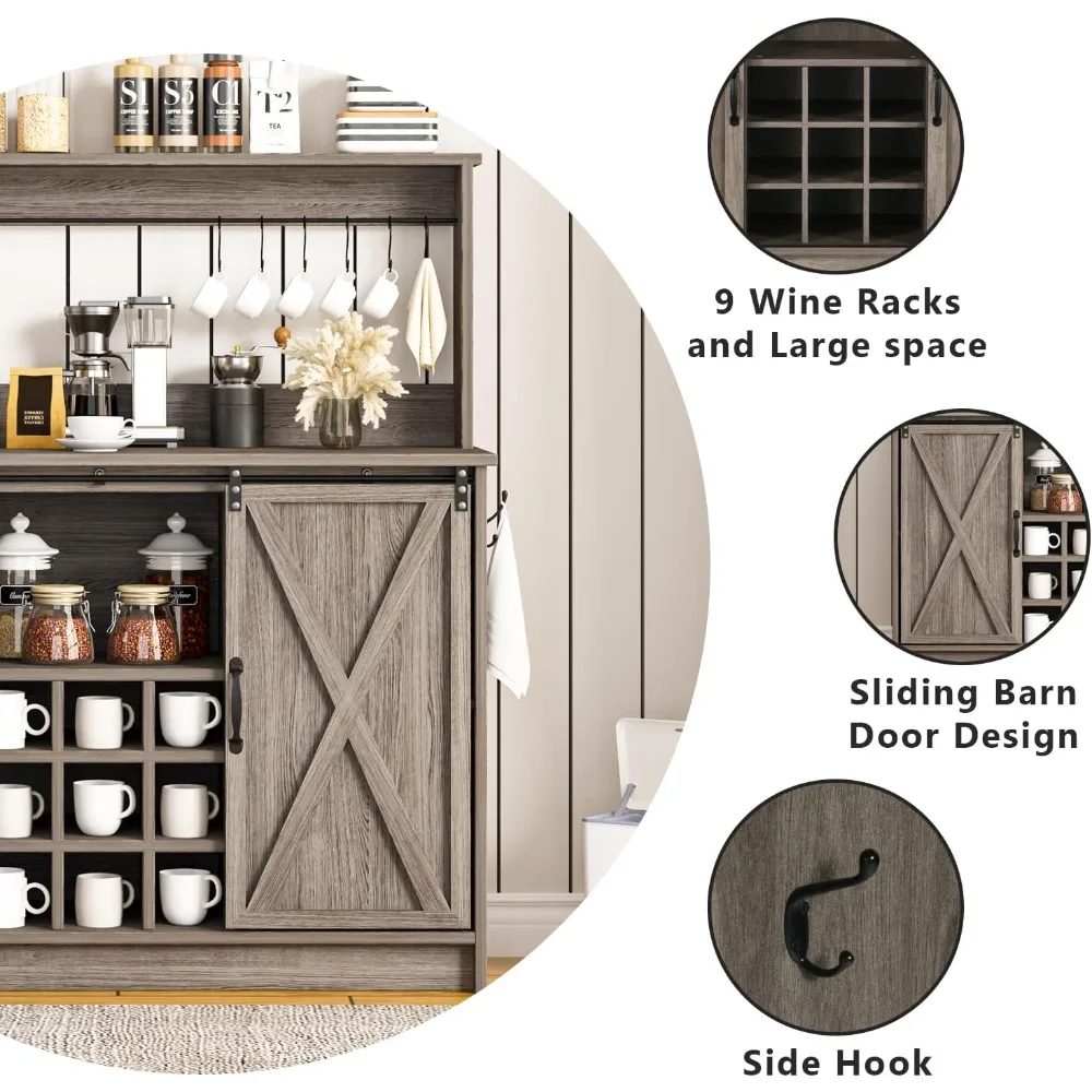 Farmhouse Coffee Bar Cabinet with Storage, Kitchen Buffet Sideboard Storage Cabinet with 6 Hooks and Sliding Barn Door