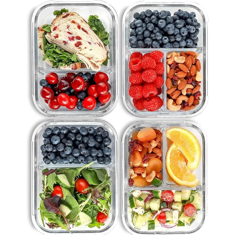 

Glass Meal Prep Containers, 2 & 3 Compartments - Portion Control, Lunch Container Set, 4 Pack