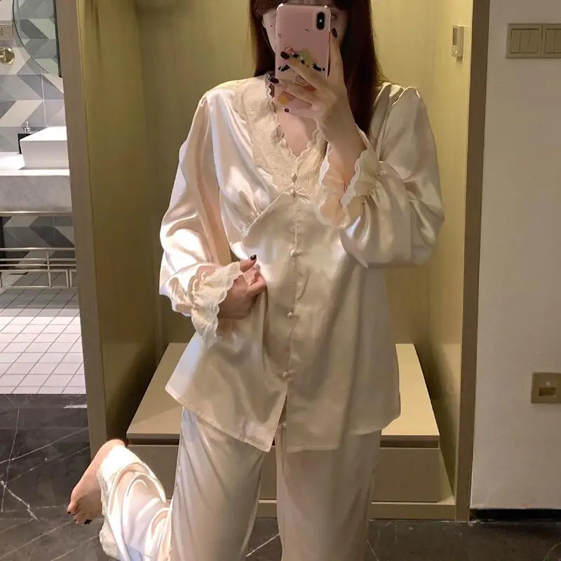 

Princess V-Neck Ice Silk Lace Edge Pajamas Sets Young Girl Kawaii Long Sleeves Pants Leisure Wear Sexy Four Seasons Clothes Hot