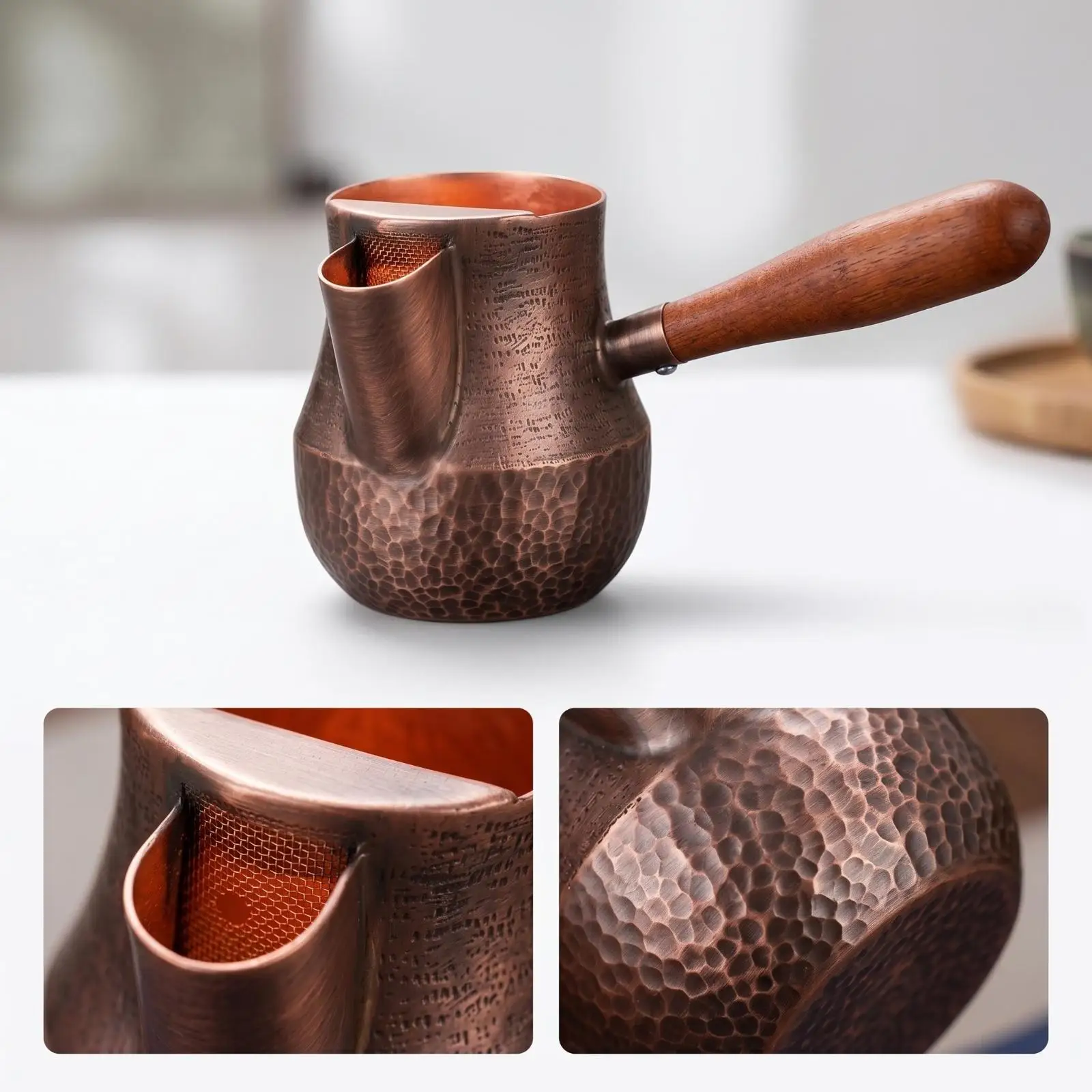 Copper Tea Serving Vessel with Wooden Handle for Balanced Flavor Distribution