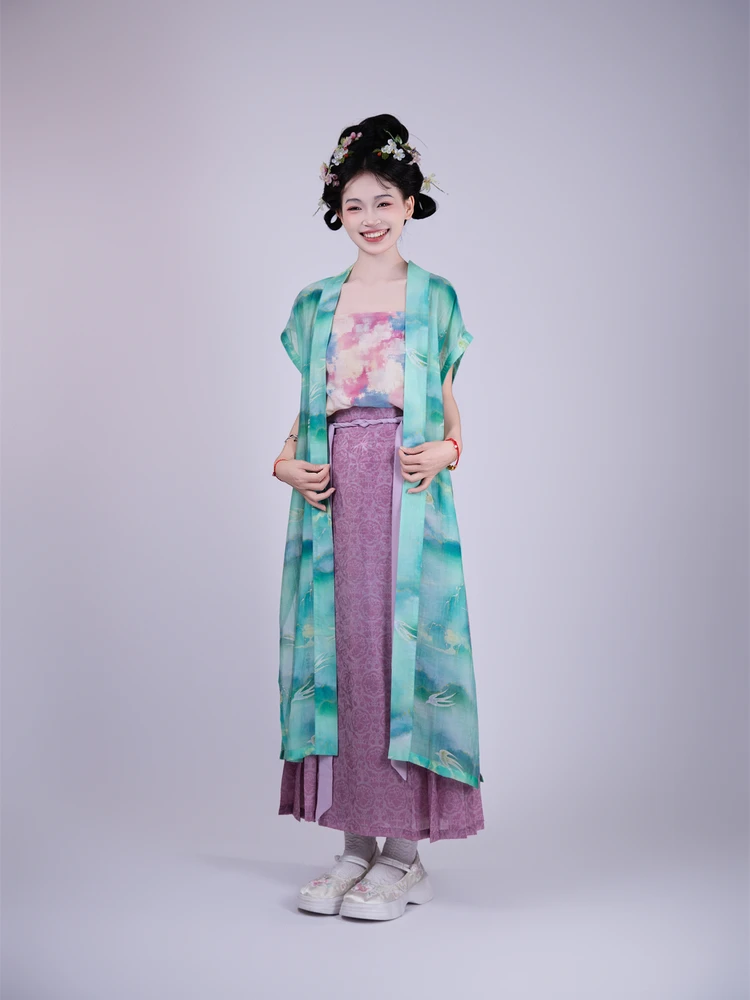 

Nanan Taste Thousand Peak een Long Vest Rainbow Strap Print Tang Sle Set Gauzy Skirt Silk Material Summer Collection