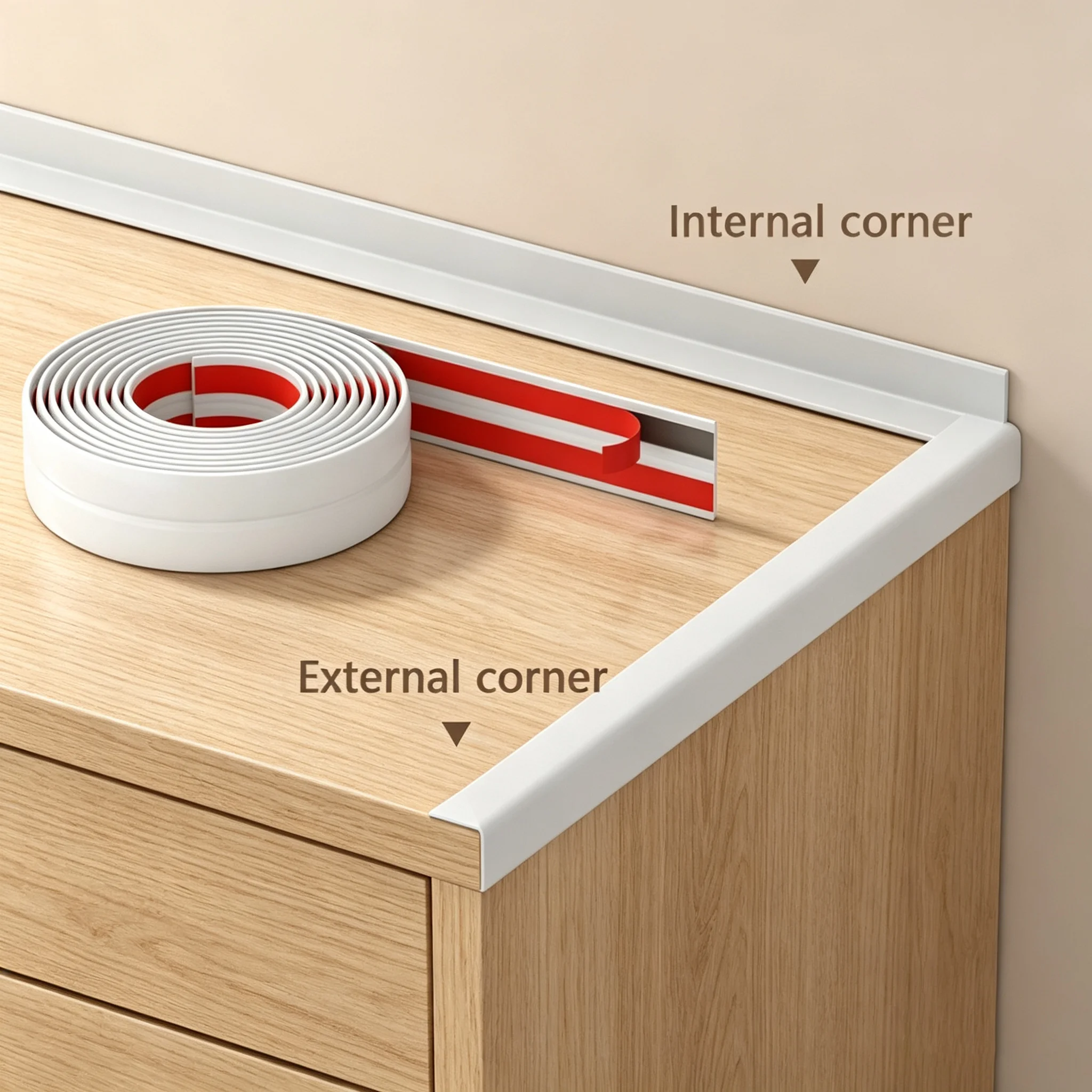 (3 Meters Long) PVC Multifunctional Corner Line, Wooden Floor Corner Strip, Self-Adhesive Cabinet Edge Protection Strip.