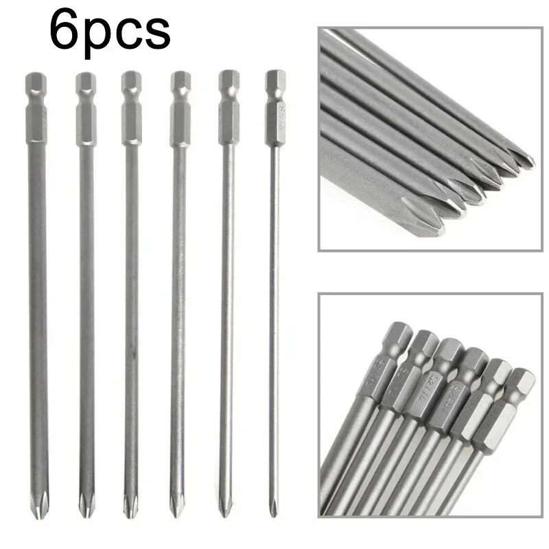 

150mm Long Cross Screwdriver Bits Alloy steel 6Pcs Carpentry Hex Head Magnetic Parts Silver Workshop Accessories