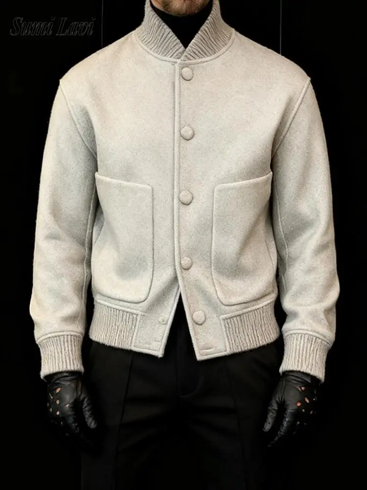 

New Casual Woolen Outerwear For Mens Autumn Winter Fashionable Solid Color Buttoned Jacket Vintage Men Stand Collar Jackets