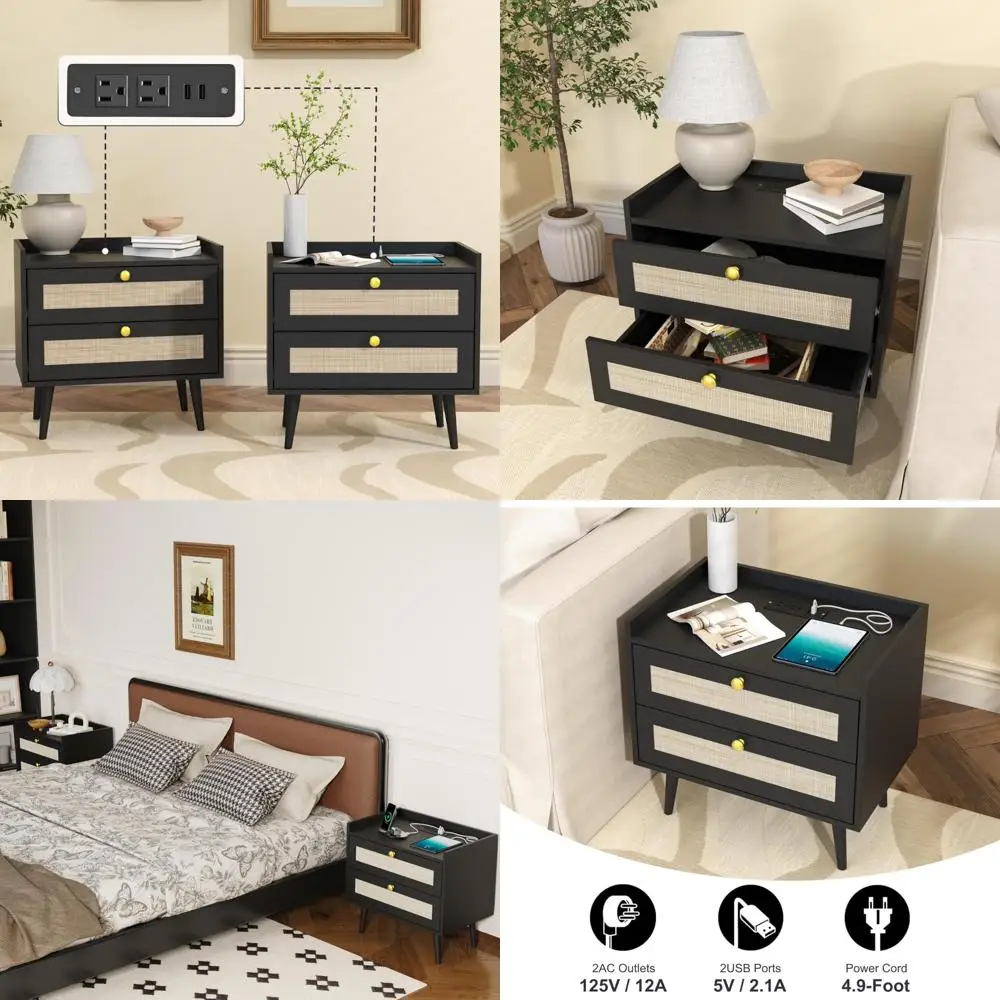 Charging Station Nightstands Set, 2-Piece Modern Boho Bedside Tables with AC Outlets and USB Ports, Stylish End Tables for Bedro