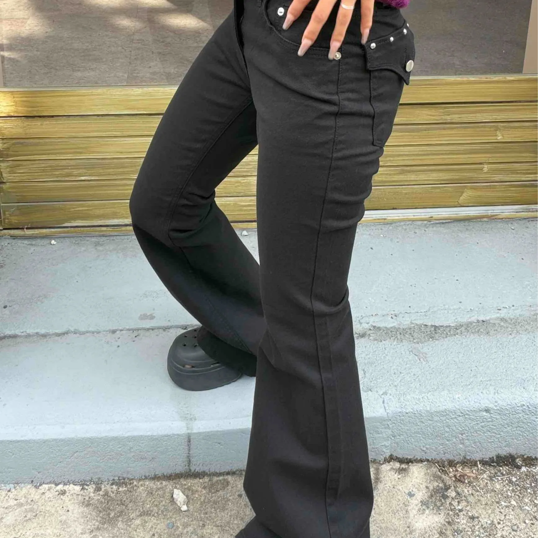 High Waist Bell Bottom Jeans Korean Style Ins Loose Decorative Rivet Design Slim Fit Long Pants Casual Cotton Denim Jeans