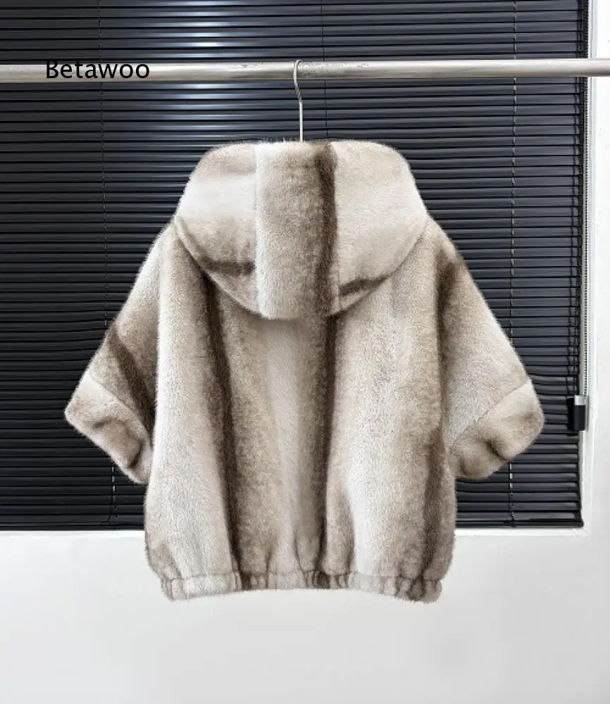 Womens Solid Beige Faux Fur Outerwear Hooded Zip Three Quarter Sleeve Fluffy Plush Short Coat For Daily Matching And Outings 5