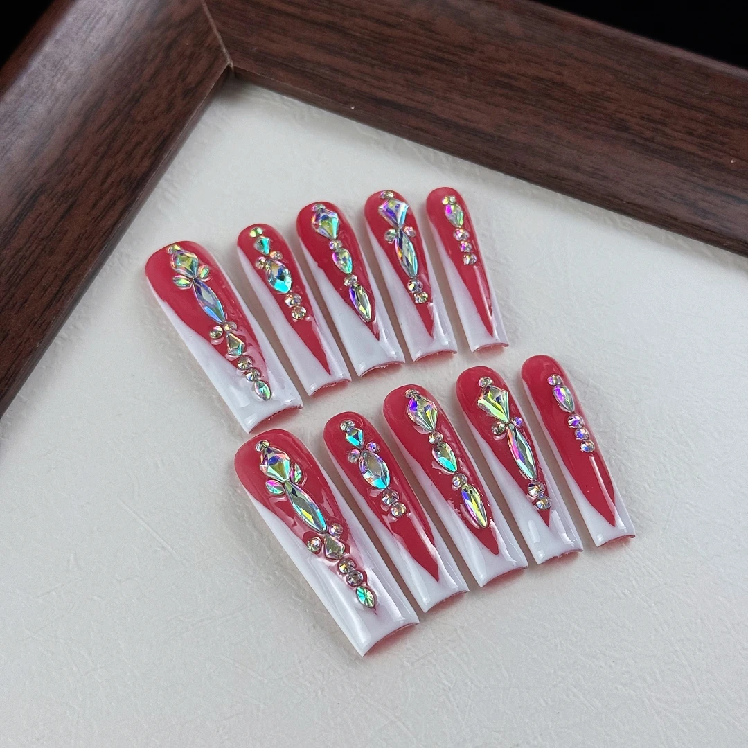 10pcs High-end Fashionable niche design style, hand-painted three-dimensional square diamond, V-shaped design handmade fake nail