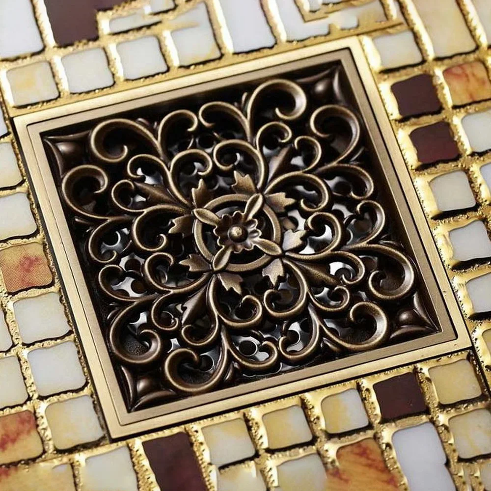 Antique Bronze Brass Floor Drains Art Flower Carved Bathroom Shower Square Strainer Waste Grate Floor Drain Khr013