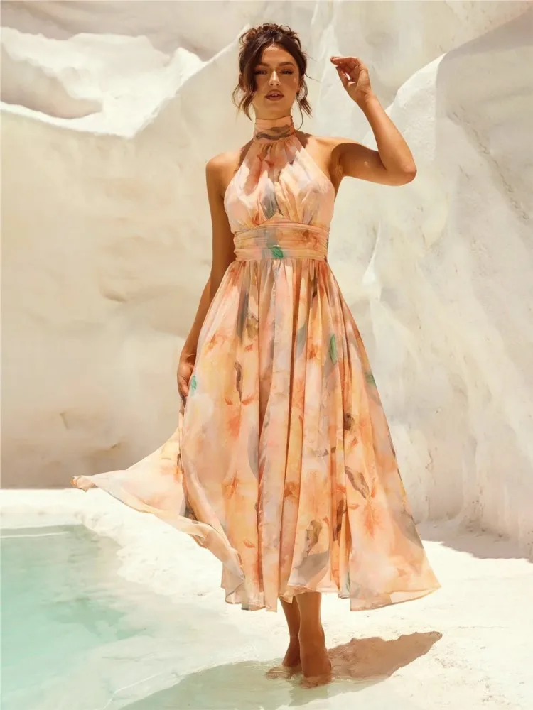 فستان نسائي صيفي جديد غير رسمي على طراز المنتجع موضة مطبوعة بدون أكمام وياقة رسن مثير بدون ظهر بقصة ضيقة فستان بحاشية متدفقة #1