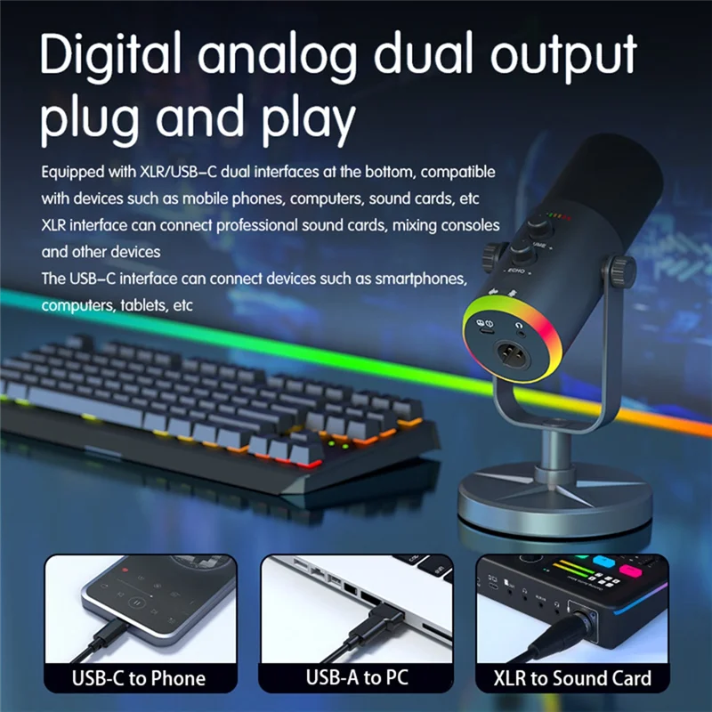 

RGB Gaming Microphone USB/XLR Dynamic Microphone With Noise Reduction,Mute,Headphone Jack For Gamer Streaming Podcast