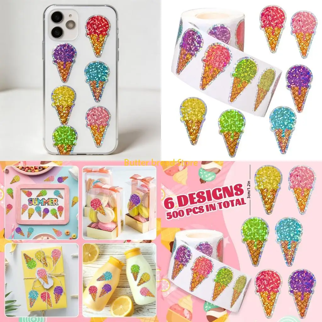 W89C Pack of 100 Colorful Ice Cream Adhesive Sticker with Strong Stickiness for Stationery Crafts and Sealing Applications