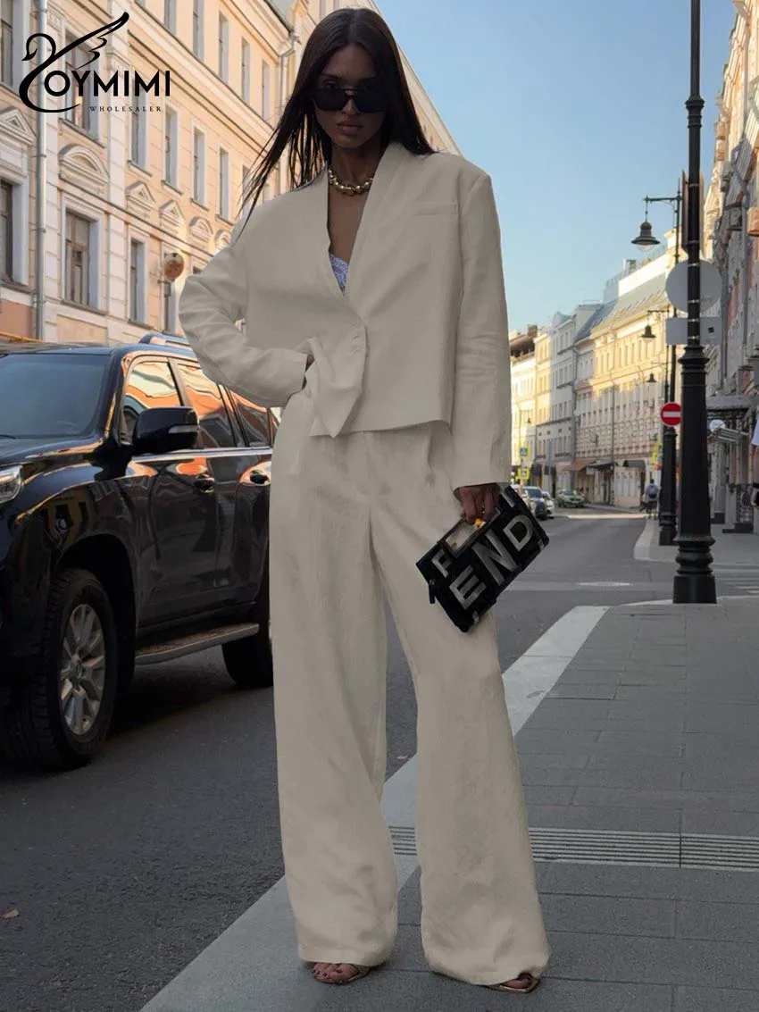 

Oymimi Elegant Khaki Woman 2 Piece Set Outfit Fashion V-Neck Long Sleeve Single Button Pockets Shirts And High Waist Pants Sets