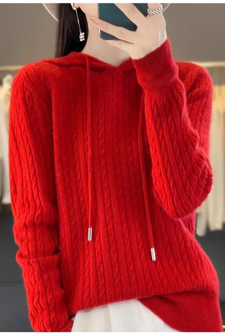 

2024 100% Wool Hoodie Sweater Women Autumn Winter Cashmere Casual Wool Hoodie Loose Soft Women