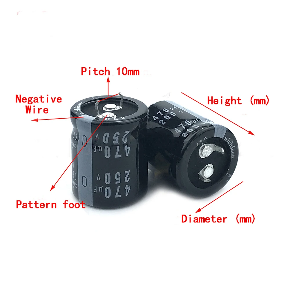 2 piezas 200v 470uf 250v 470uf 22x30 22x35 22x40 22x50 25x25 25x30 25x35 25x40 30x25mm 105 ° condensadores de claxon Nichicon, 10mm, paso