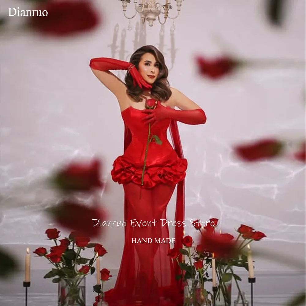 Dianruo Blumen Elegante Rote Abendkleider Satin Lange Prom Kleider Romantische Lace Up Zurück Bänder Vestidos De Fiesta Angepasst