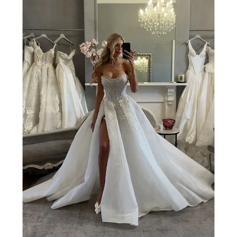 

Romantic Luxury Wedding Dress Lace Pearl Sweetheart A-line Princess Wedding Dress High Quality Bridal Ball Dress Customized