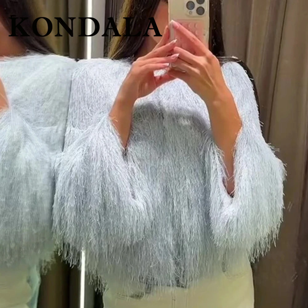 Kondala chique borla azul aniversário casaco curto moda 2025 vintage feminino elegante couro falso outwear noite festa outono y2k jaqueta