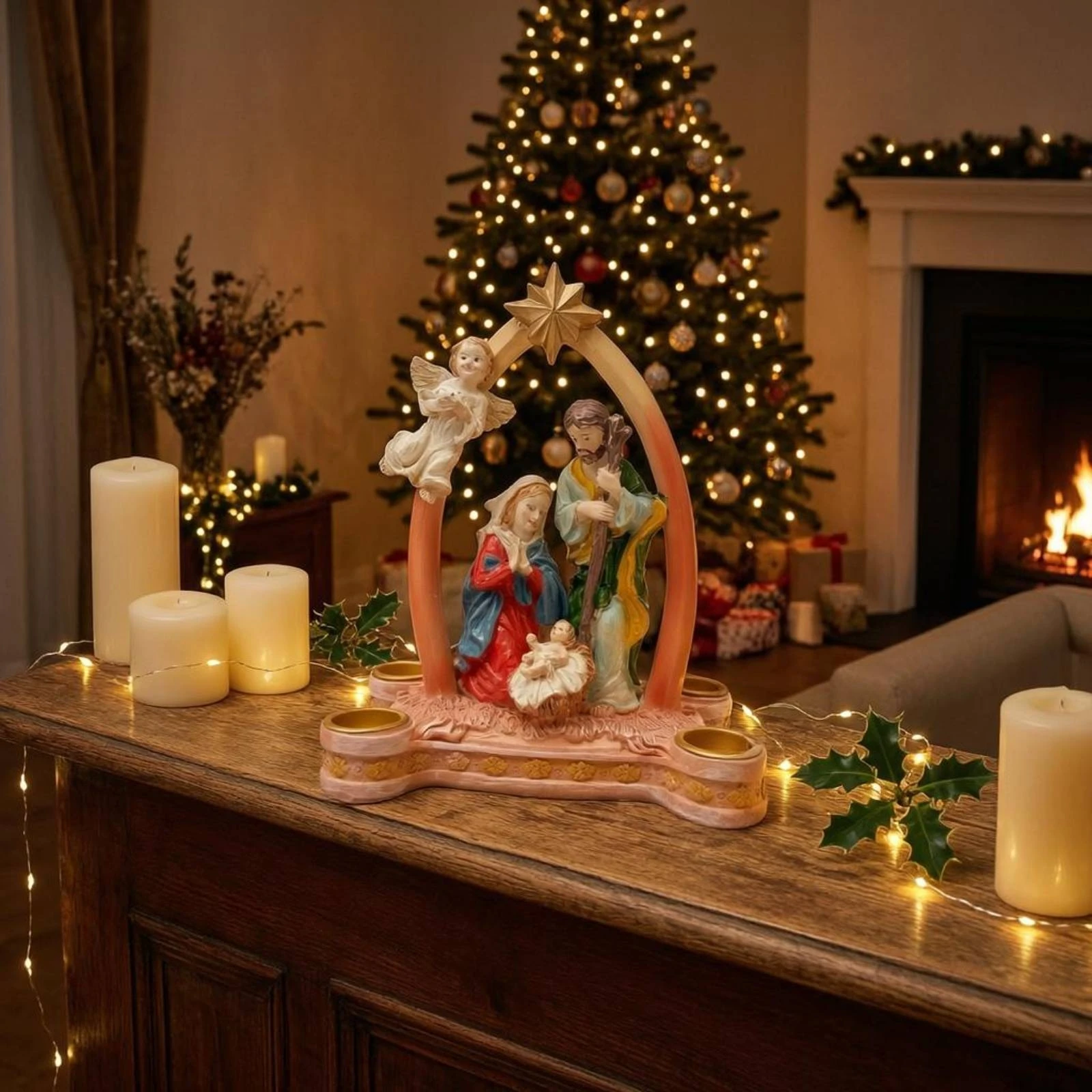 Resin Nativity Candle Holder Hand-Painted Style Nativity Candle Holder Seasonal Decor Gold Accents Home Accent Decorative Base