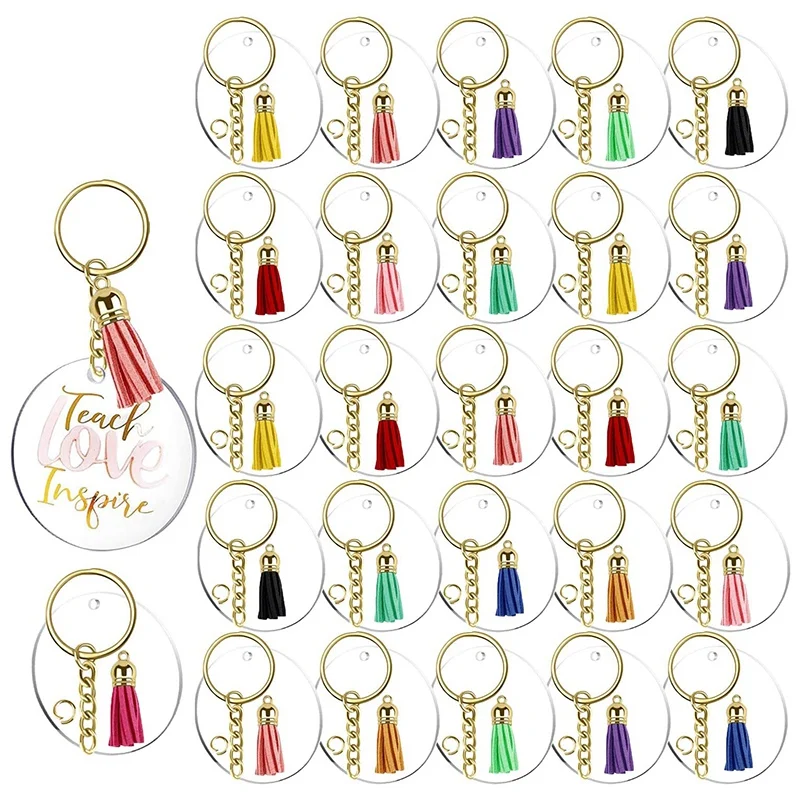 120Pcs Acrylic Keychain Blanks Tassels Clear Circle Blanks with Hole Key Rings with Chain Jump Rings for DIY Keychains