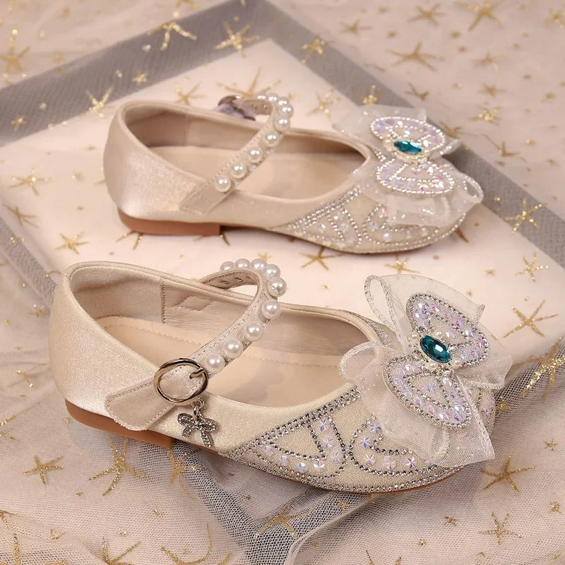 

Children's Leather Shoes Sweet Rhinestone Bowtie Girls' Flat Shoes for Party Ballet Fashion Causal Kids Princess Dress Shoes