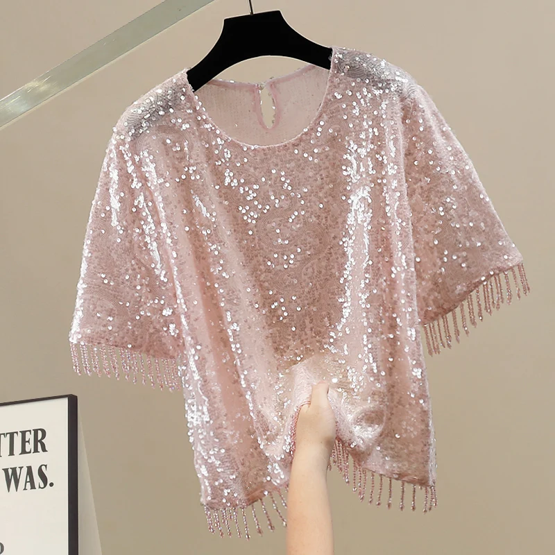 

Fashion Heavy Industry Sequined Beaded Fringed Short-sleeved Crew Neck T Shirt, New French Fashion Versatile Top for Women