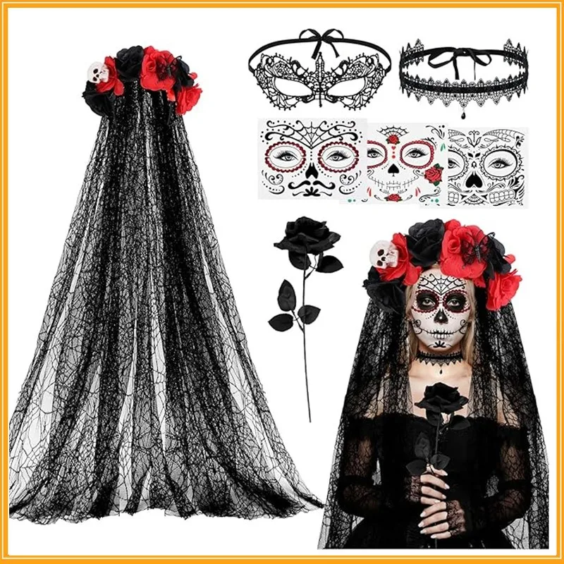 Conjunto de 5 piezas para Halloween, Día de Muertos, novia fantasma, con velo de encaje negro y rojo, máscara, gargantilla, pegatinas faciales, atuendo para fiesta de disfraces