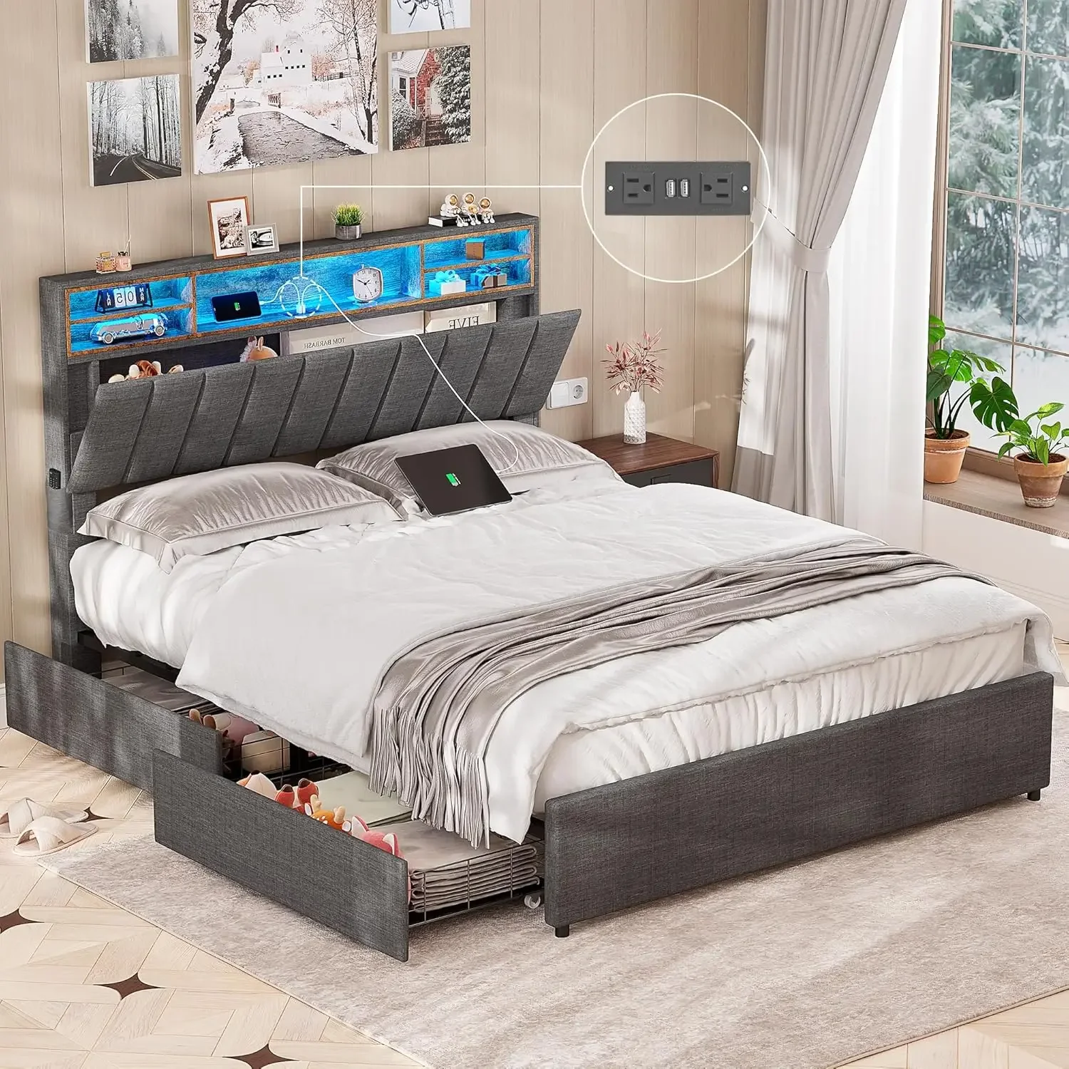 

Bed Frame with Tall Bookcase Headboard and Charging Station, LED Bed Frame w/ 4 Storage Drawers, No Box Spring Needed, Dark Grey