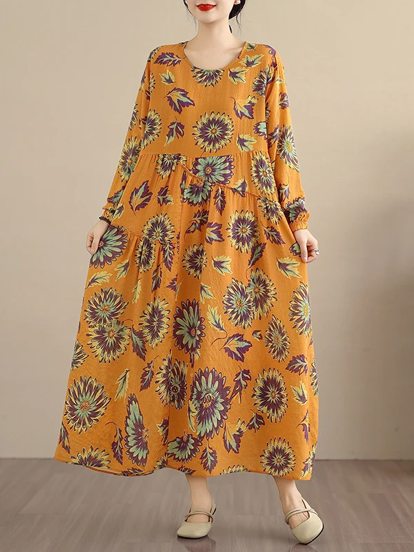 루즈하고 편안한 롱 슬리브 플로럴 프린트 여성용 봄 가을 린넨 코튼 A라인 드레스 넉넉한 핏 캐주얼웨어