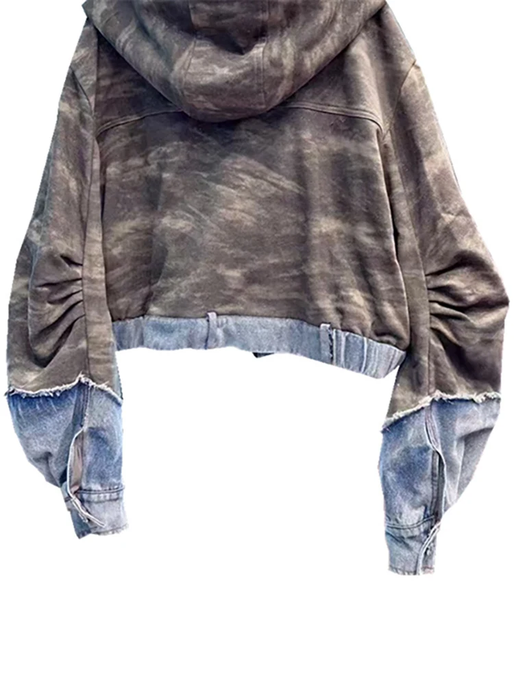 DEAT Women\'s Denim Coat Patchwork Hooded Zipper Long Sleeve Tie-dye Zipper Female Jackets Autumn 2024 New Fashion 29L8407