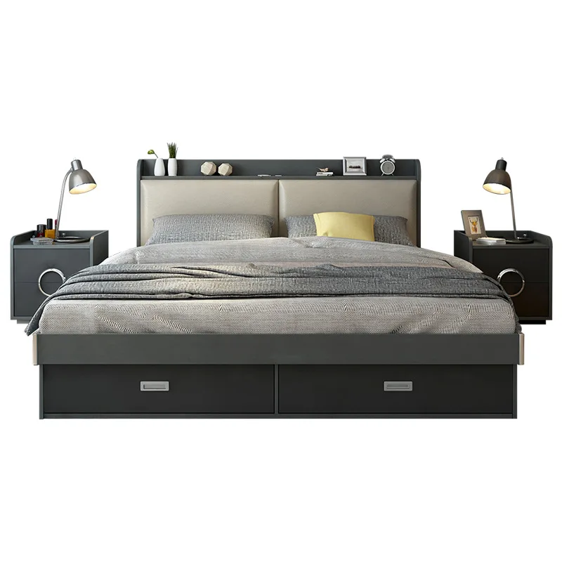 

Double bed 1.5m white gray pneumatic high box storage bedroom 1.8m soft Nordic