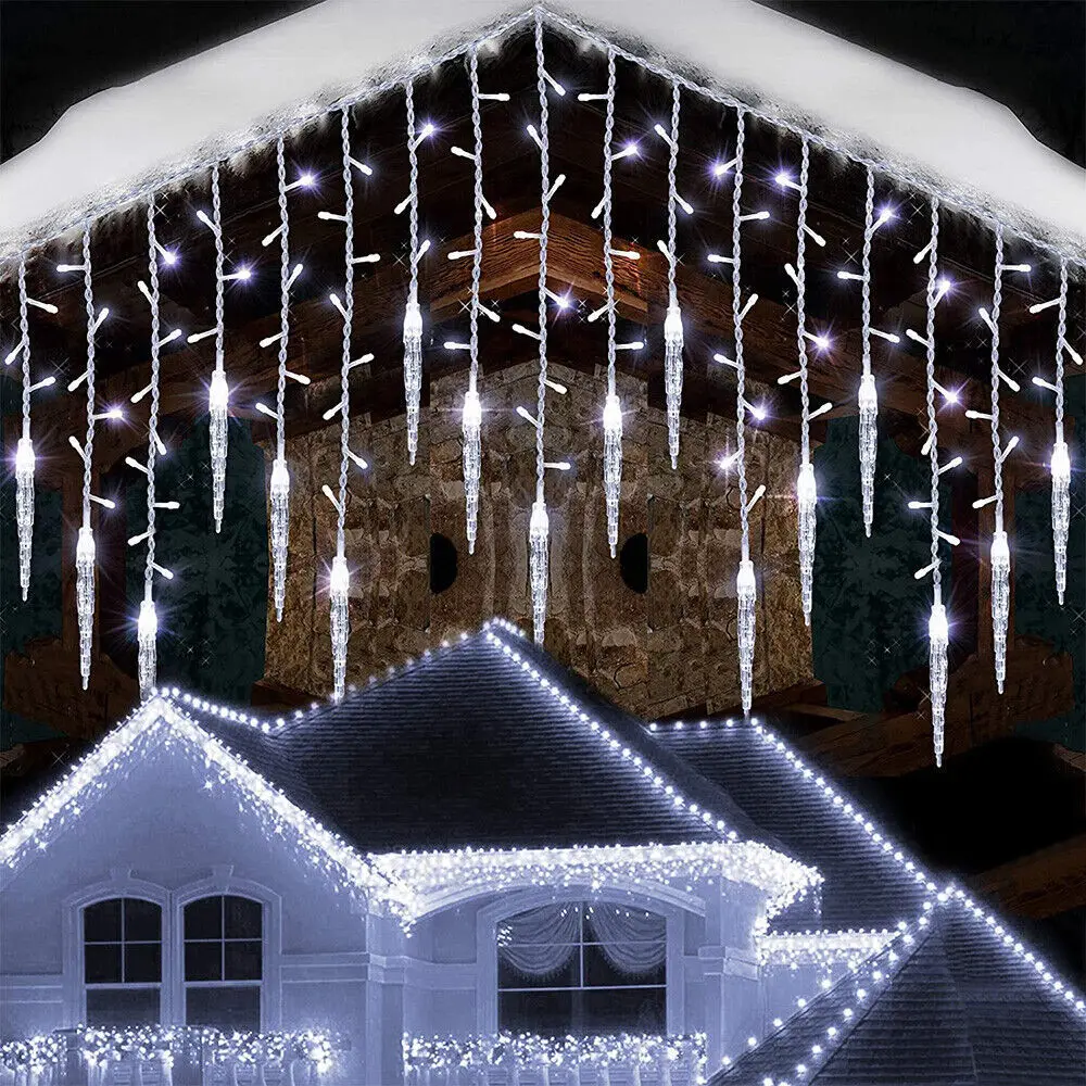 4M Christmas Garland LED Ice Curtain String Lights Drops icicle Outdoor Garden Street Wedding Decorative