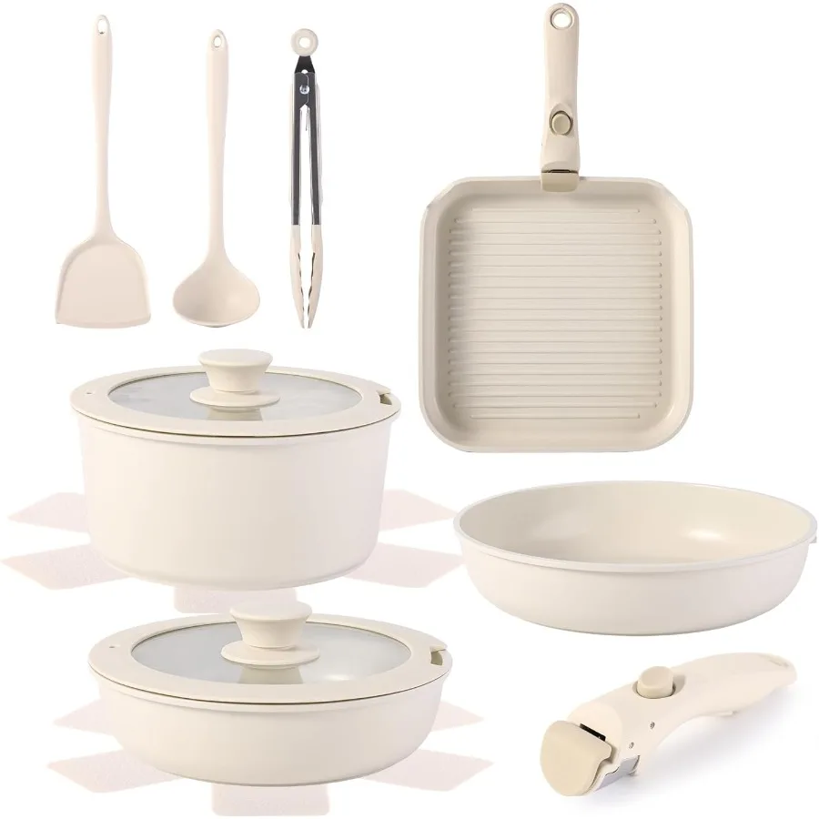 

12 PCS Kitchen Cookware Set Aluminum Non Stick Pan with Removable Handles and Microwaveable Design Induction Compatible Pot and