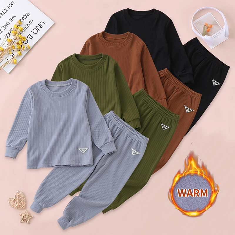 2-Piece Autumn/Winter Children's Multi-Color Pit Stripe Warm Long Sleeved Pants Set For Boys And Girls Casual Tops And Sweatpant